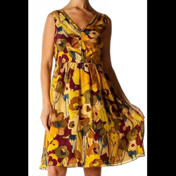 Floral‎ Print Sleeveless Dress Yellow Burgundy Olive Green Summer Casual - Picture 1 of 14